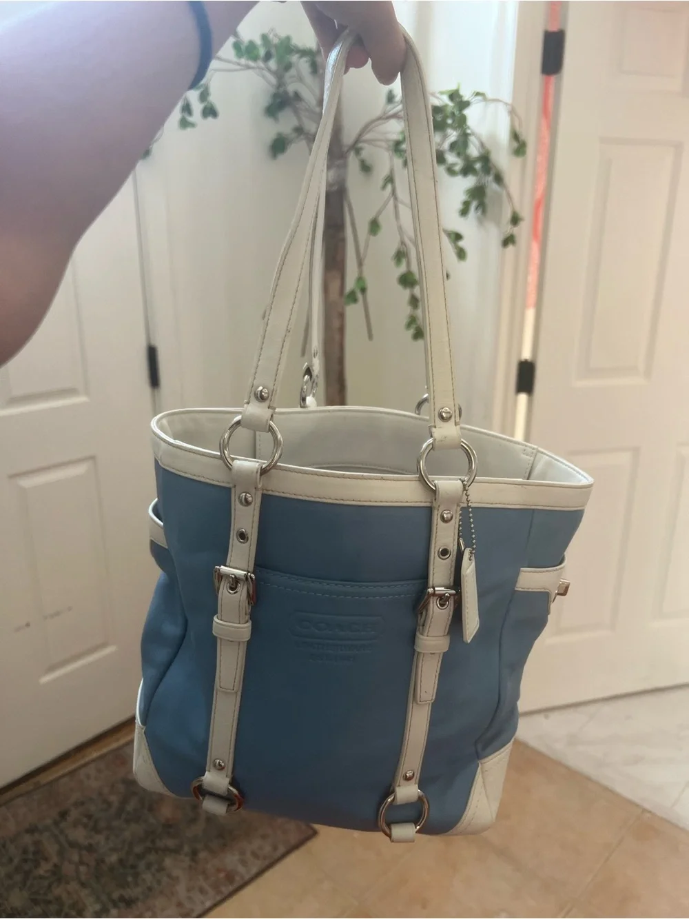 Blue and Cream Convertible Tote Bag